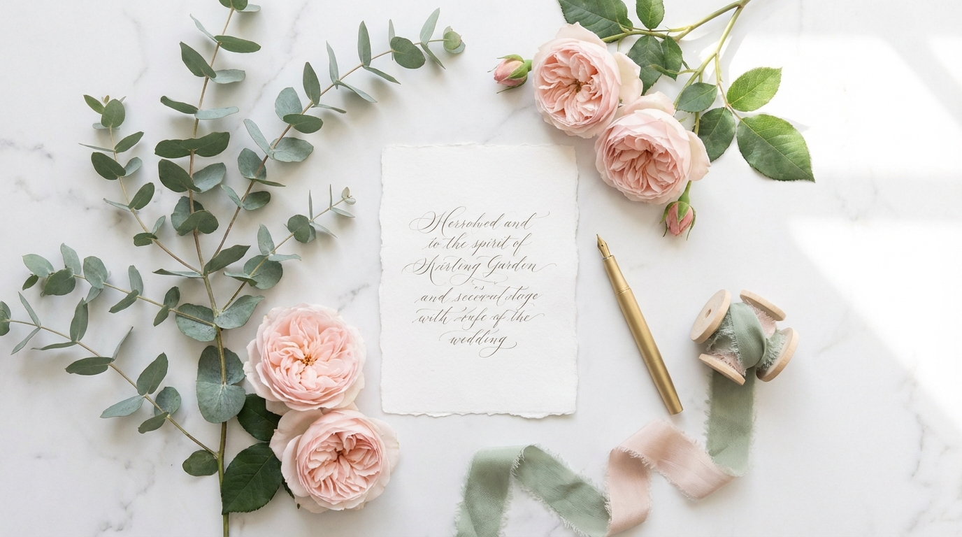 Hochzeitspapeterie Flatlay mit Eukalyptus, Rosen und Kalligraphie